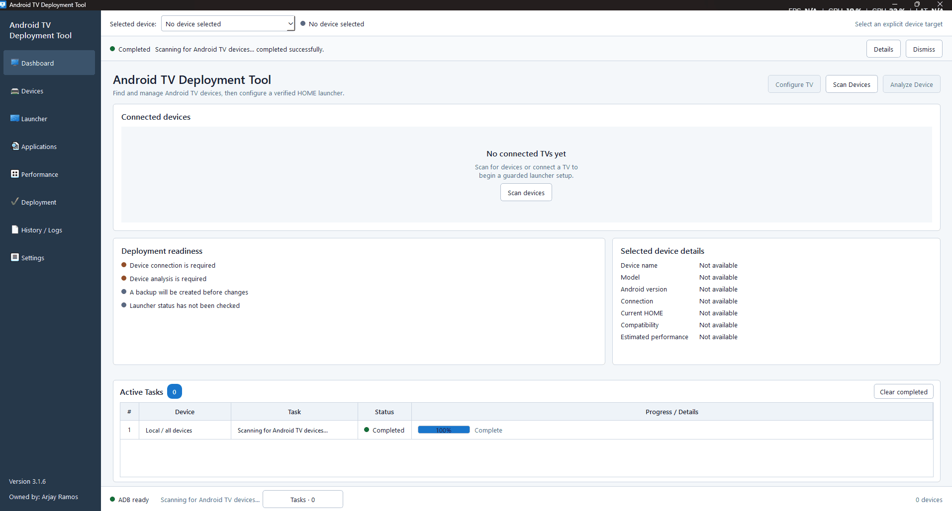 Android TV Deployment Tool desktop application managing connected television devices and deployment tasks