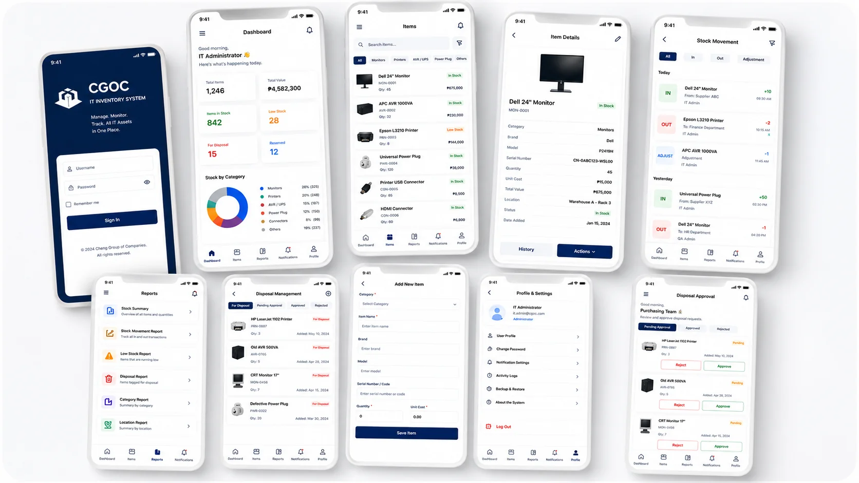 Inventory Management System screens showing dashboards, item records, reports, and disposal approvals