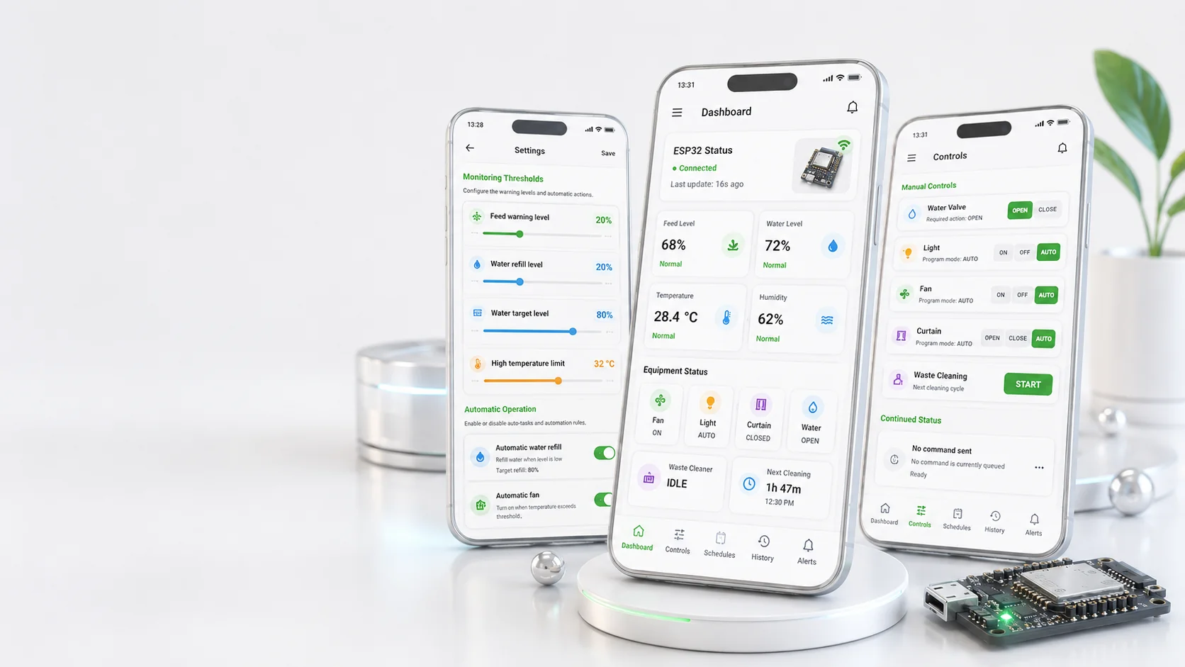 Poultry Monitoring System mobile screens showing environment readings, device controls, and an ESP32 controller